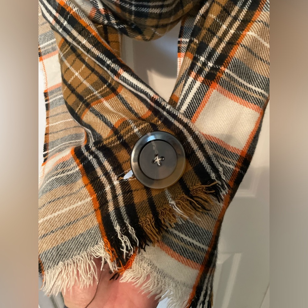 Orange, brown, and black Plaid Scarf with Tortoise Shell Button Accent. - Picture 2 of 4